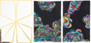 ON THE RIGHT SIDE, TRIPTYCHON, ZEICHNUNG UND BLATTGOLD, 76 X 159 CM