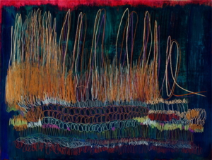 MAGIC THREADS 5, ACRYL UND FARBSTIFTE AUF HOLZ, 60 X 80 CM